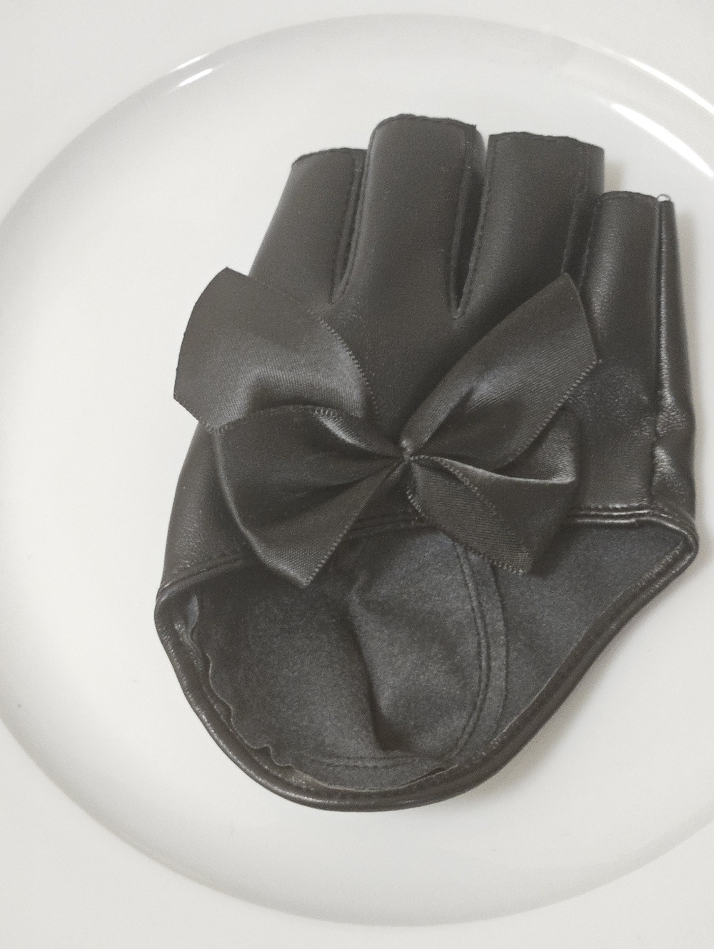 Black Faux Leather Fingerless Gloves with Bow Detail